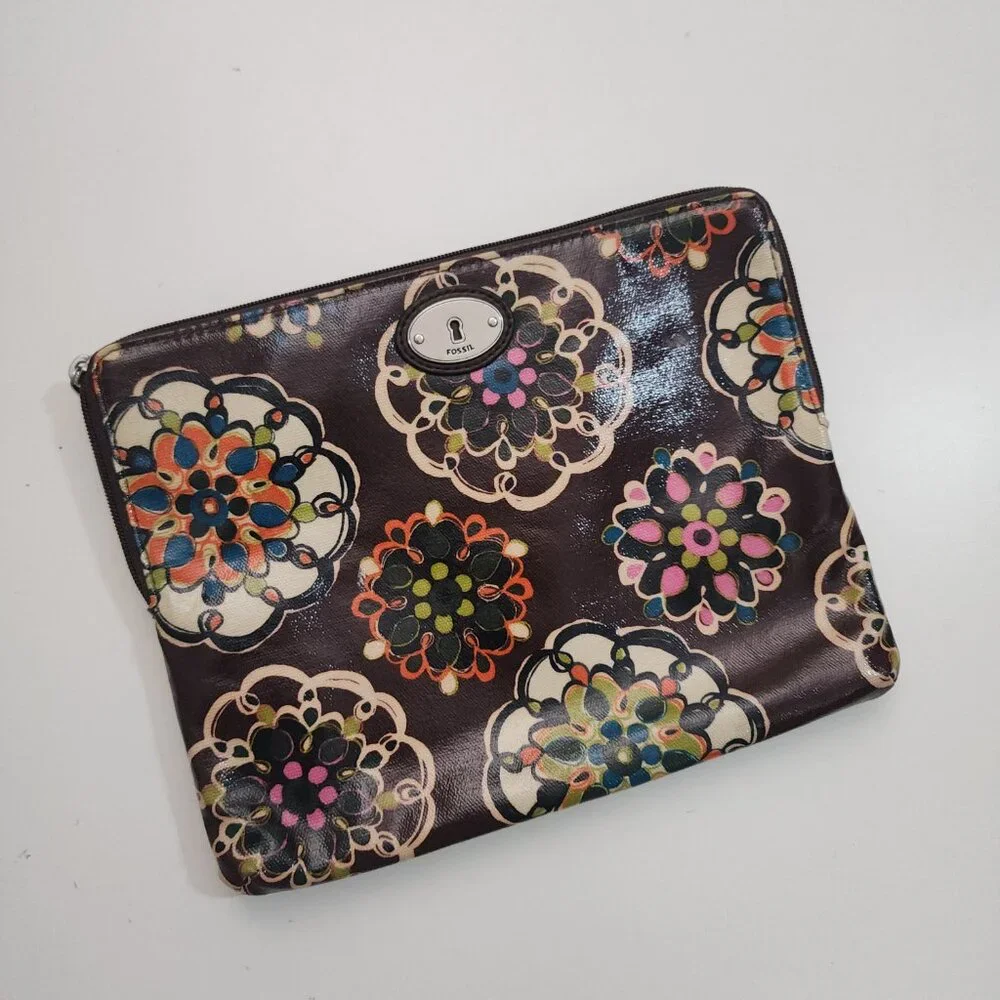 Fossil Floral Medallion Tablet Sleeve Brown Zip Case Boho 10x8